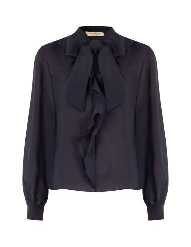 Soepelvallende blouse van lyocell met V-hals en volant Rinascimento