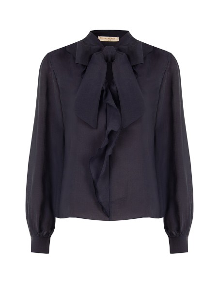 Soepelvallende blouse van lyocell met V-hals en volant Rinascimento