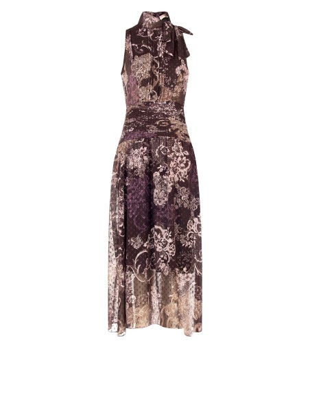 Lange jurk van bedrukte chiffon met strik en geplooide taille Rinascimento