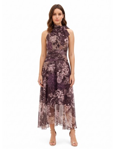 Lange jurk van bedrukte chiffon met strik en geplooide taille Rinascimento