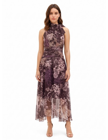 Lange jurk van bedrukte chiffon met strik en geplooide taille Rinascimento