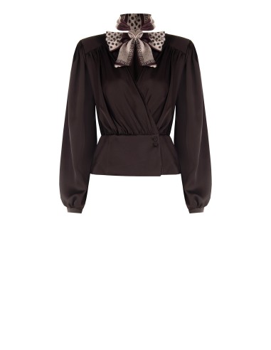 Wikkelblouse van satijn met V-hals en afneembare foulard met logo van Rinascimento