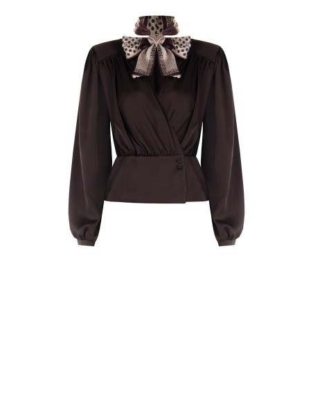Wikkelblouse van satijn met V-hals en afneembare foulard met logo van Rinascimento