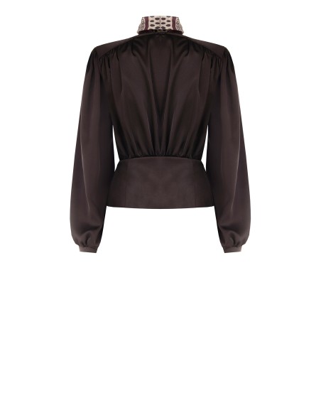 Wikkelblouse van satijn met V-hals en afneembare foulard met logo van Rinascimento