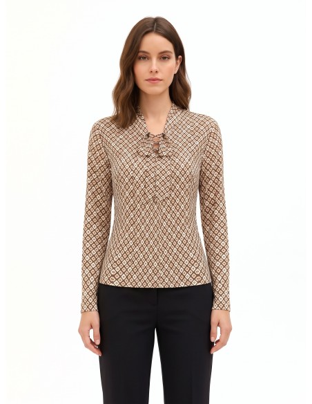 Blouse van viscose met geometrisch patroon, V-hals en strik van Rinascimento