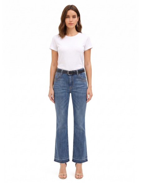 Stretch flare jeans met studs en uitgerafelde zoom Rinascimento