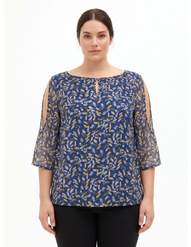 Vloeiende Curvy-blouse van georgette met druppelvormige halslijn, blote schouders en lurexdetails – Rinascimento Curvy