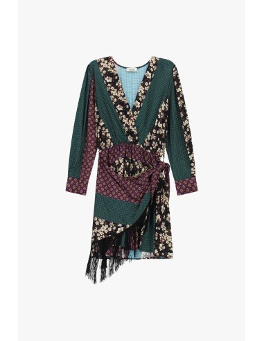 Korte jurk met patchworkprint en franjes aan de zijkant Dixie