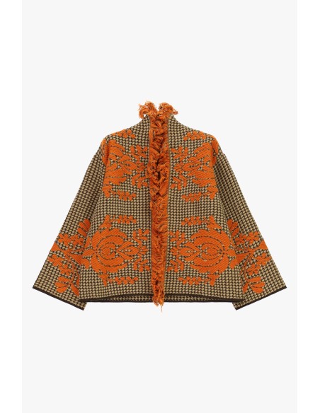 Dixie jacquardcape met bloemenmotief en franjes