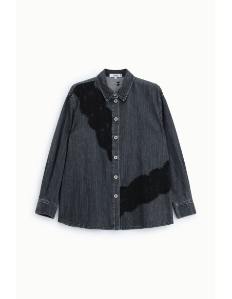 Denimblouse met kanten inzetstukken en knopen aub