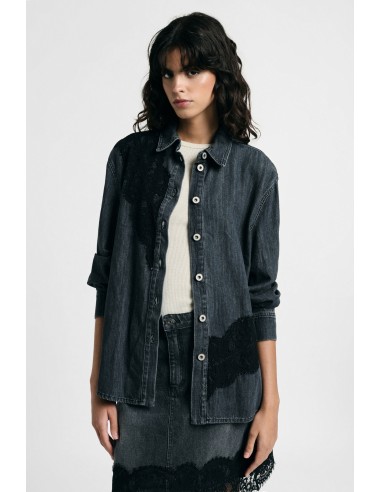 Denimblouse met kanten inzetstukken en knopen aub