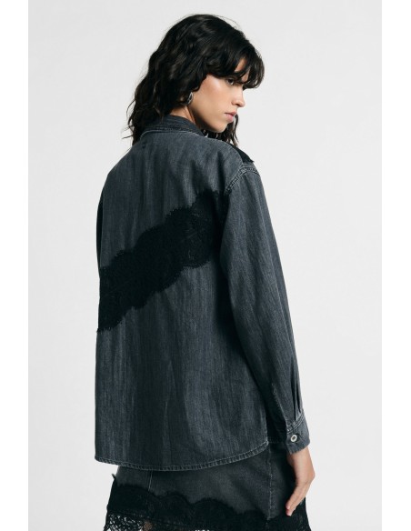 Denimblouse met kanten inzetstukken en knopen aub