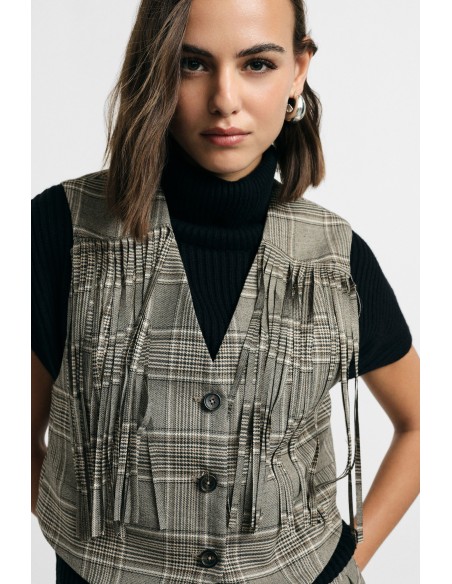 Geruit vest met franjes en knoopsluiting Please