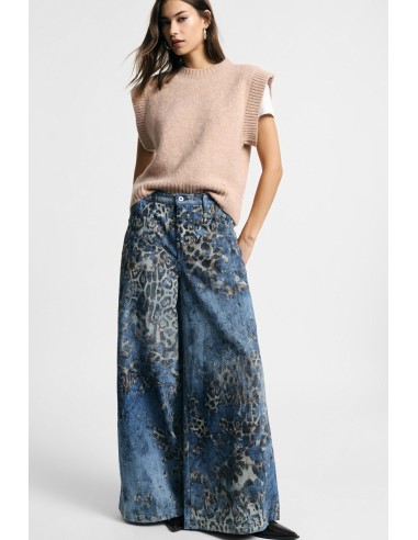 Dierenprintjeans met zeer wijde pijpen en normale taille aub