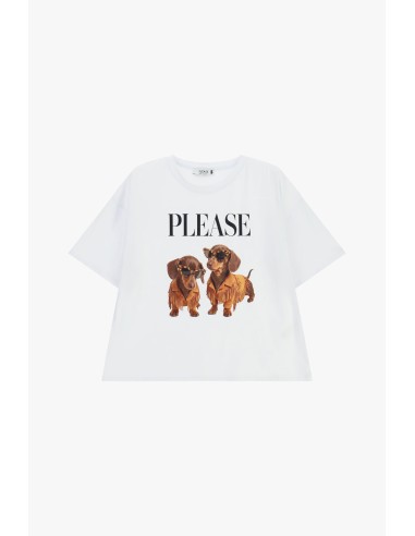 T-shirt met korte mouwen, hondenprint en tekst aan de voorkant Please