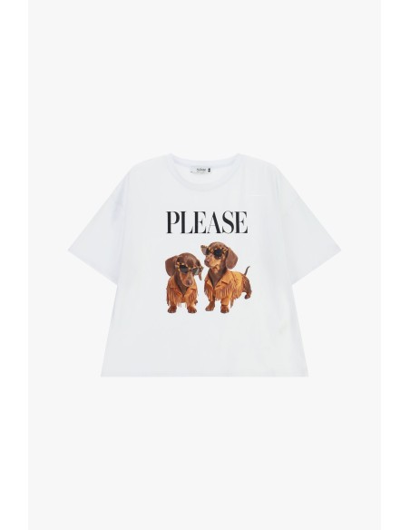 T-shirt met korte mouwen, hondenprint en tekst aan de voorkant Please