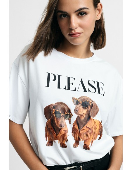 T-shirt met korte mouwen, hondenprint en tekst aan de voorkant Please