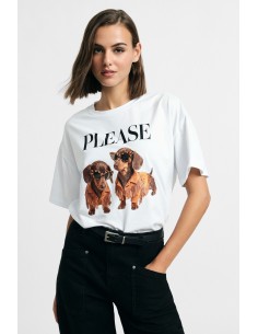 T-shirt met korte mouwen, hondenprint en tekst aan de voorkant Please