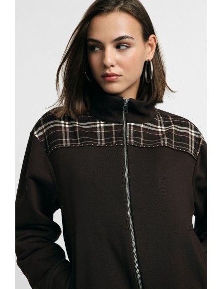 Sweatshirt met rits en geruite inzetstukken op de schouders Please