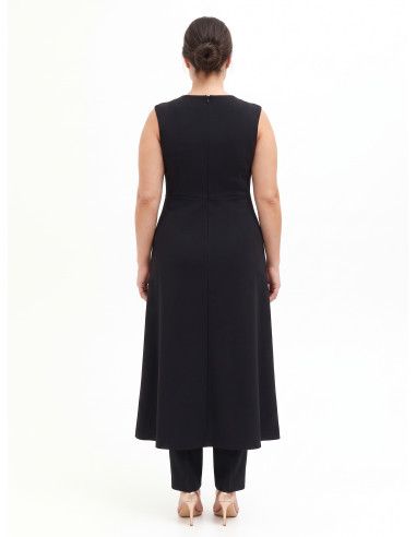 Lange curvy-jurk van scuba-crêpe in twee kleuren met contrasterend geplisseerd paneel – Rinascimento Curvy