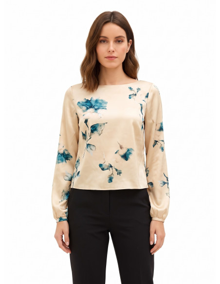 Losvallende, soepelvallende satijnen blouse met bloemenprint Rinascimento