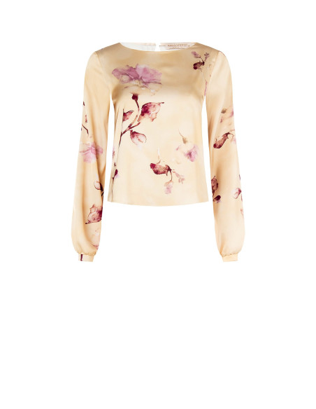 Losvallende, soepelvallende satijnen blouse met bloemenprint Rinascimento