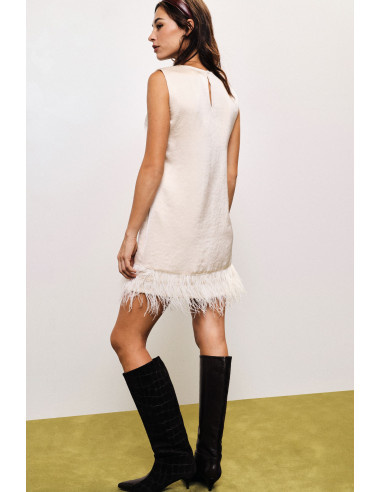 Korte mouwloze jurk met verenaccent Dixie