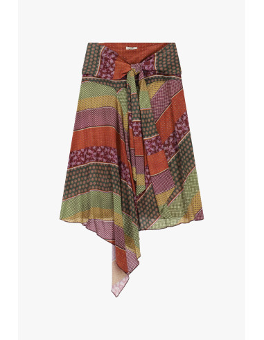 Midi-rok met patchworkpatroon en geknoopte riem Dixie