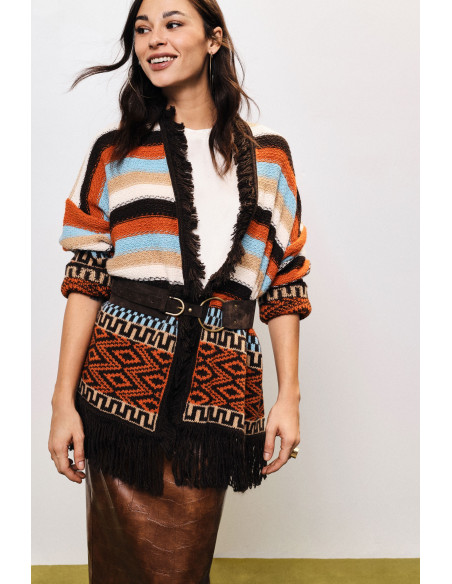 Poncho met franjes en geometrische motieven Dixie