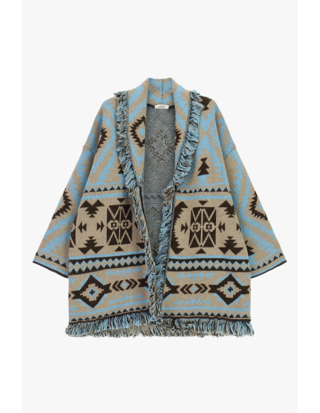 Poncho met franjes, jacquard met geometrisch patroon Dixie