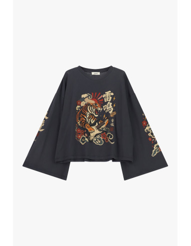 T-shirt met lange mouwen, kimonomodel, tijgerprint Dixie