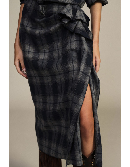 Dixie midi-rok met ruitpatroon en drapering aan de zijkant