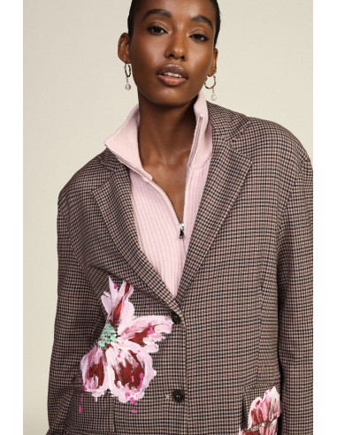 Dixie Fantasieblazer met ruitpatroon en geschilderde bloemen