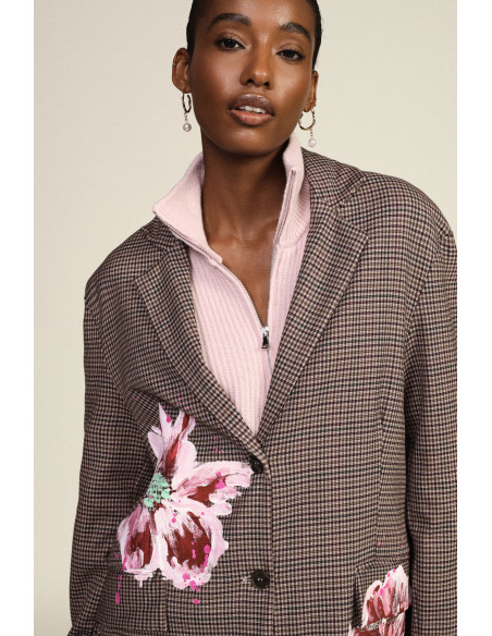Dixie Fantasieblazer met ruitpatroon en geschilderde bloemen