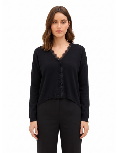 Dunne oversized wollen cardigan met V-hals en kanten detail Rinascimento