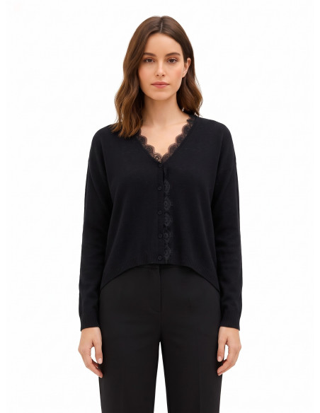 Dunne oversized wollen cardigan met V-hals en kanten detail Rinascimento
