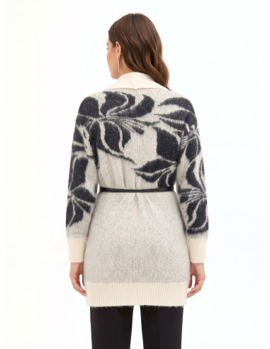 Vest-cardigan van een mix van mohair en lurex met een groot bloemenmotief en een lange riem van imitatieleer Rinascimento
