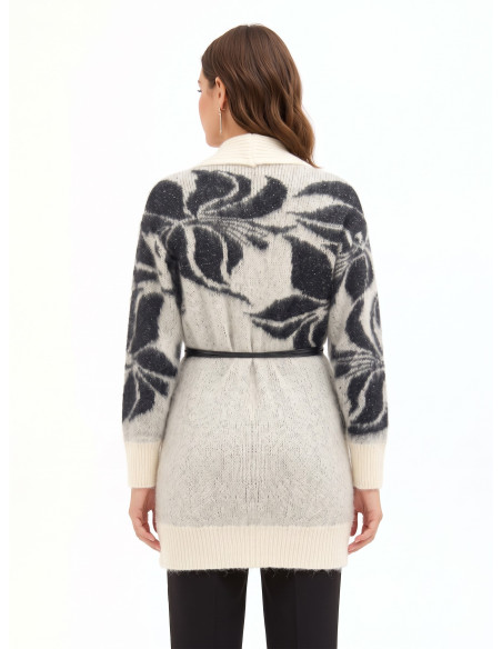 Vest-cardigan van een mix van mohair en lurex met een groot bloemenmotief en een lange riem van imitatieleer Rinascimento
