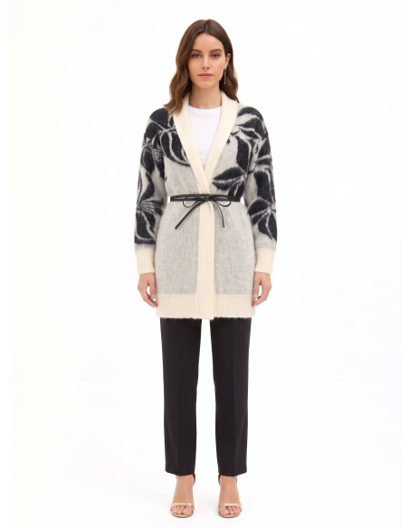 Vest-cardigan van een mix van mohair en lurex met een groot bloemenmotief en een lange riem van imitatieleer Rinascimento