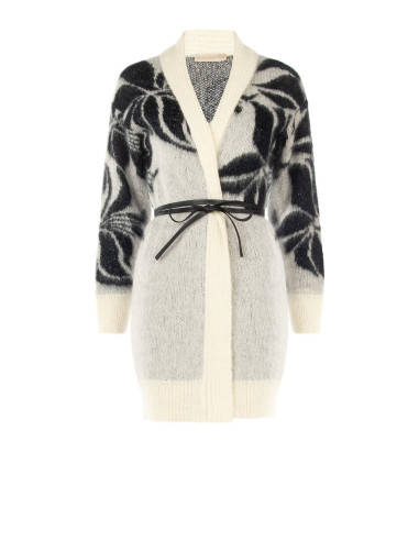 Vest-cardigan van een mix van mohair en lurex met een groot bloemenmotief en een lange riem van imitatieleer Rinascimento