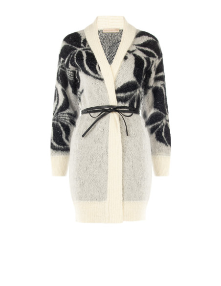 Vest-cardigan van een mix van mohair en lurex met een groot bloemenmotief en een lange riem van imitatieleer Rinascimento