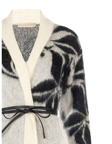 Vest-cardigan van een mix van mohair en lurex met een groot bloemenmotief en een lange riem van imitatieleer Rinascimento