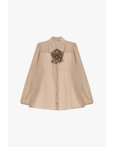 Ruime blouse met pofmouwen en Schotse ruitstrik Please