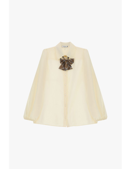 Ruime blouse met pofmouwen en Schotse ruitstrik Please