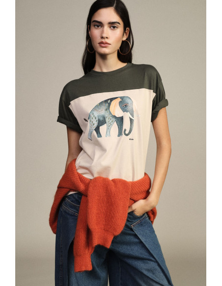Dixie T-shirt met korte mouwen, olifantprint en contrasterende inzetstukken