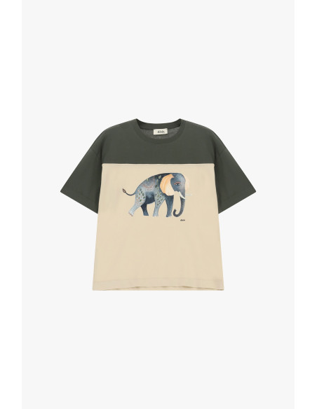 Dixie T-shirt met korte mouwen, olifantprint en contrasterende inzetstukken