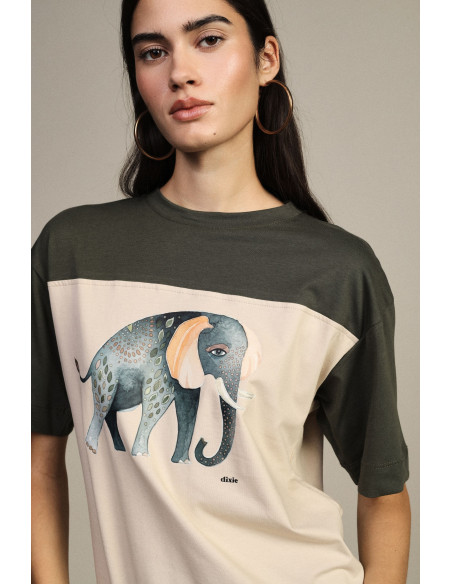 Dixie T-shirt met korte mouwen, olifantprint en contrasterende inzetstukken