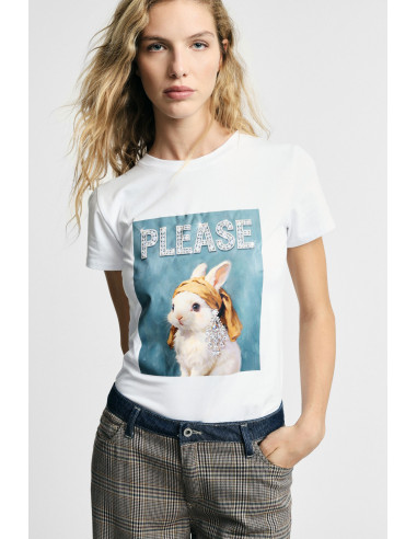 T-shirt met ronde hals en print van een versierd konijn Please