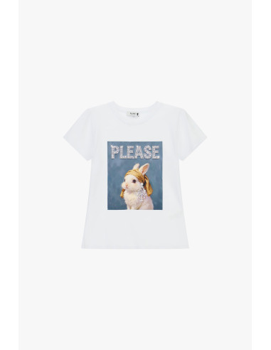 T-shirt met ronde hals en print van een versierd konijn Please