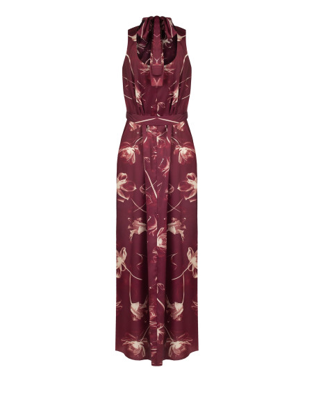 Midi-jurk van satijn met grote bloemen, een halslijn en een strik aan de achterkant Rinascimento